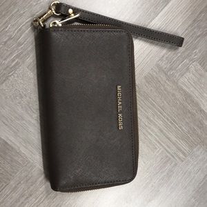 Michael Kors Brown Saffiano Leather Zip-Around Wallet W/ Wrist Strap